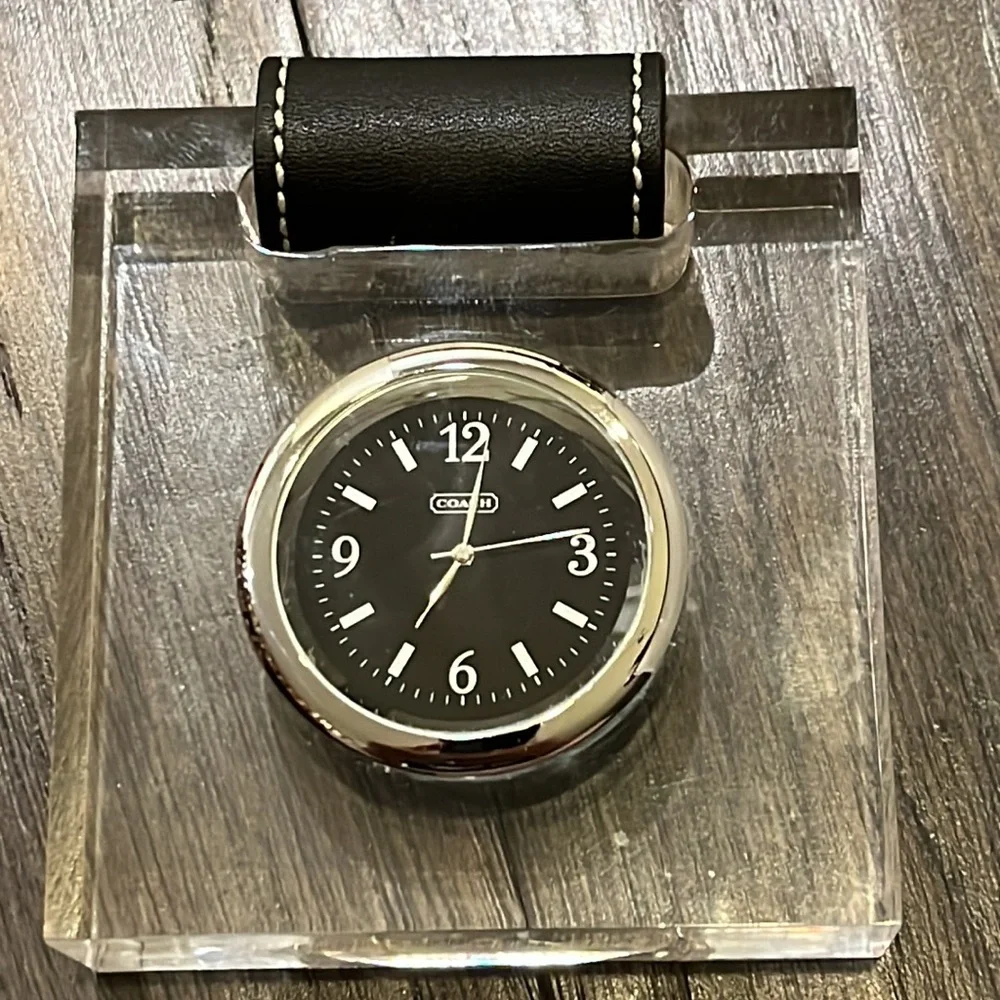 Coach New York Paperweight Desk Clock leather used lucite